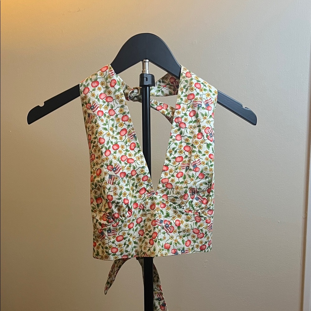 Vintage Style Apple Print Tie Back Crop Top Cottagecore Americana Halter Top S - Picture 2 of 7
